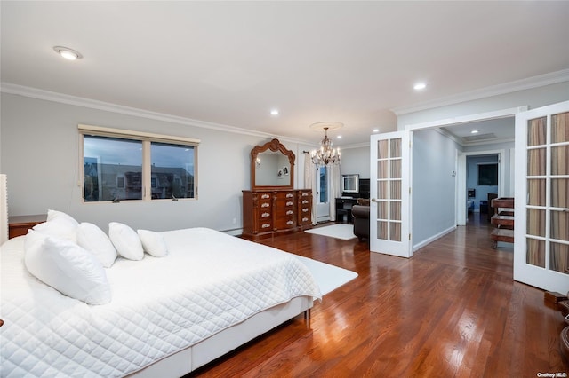 bedroom with ornamental molding, a baseboard radiator, french doors, and dark wood-type flooring