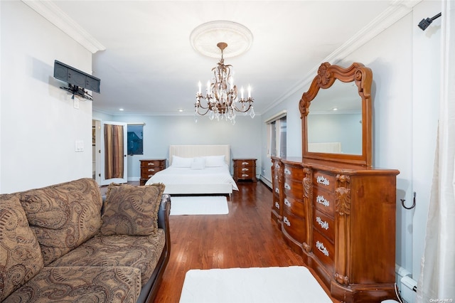 bedroom with ornamental molding, baseboard heating, dark wood-type flooring, and a notable chandelier