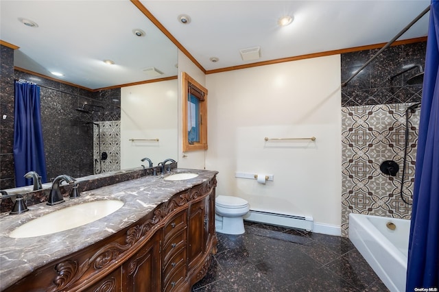 full bathroom with shower / tub combo, ornamental molding, vanity, a baseboard heating unit, and toilet