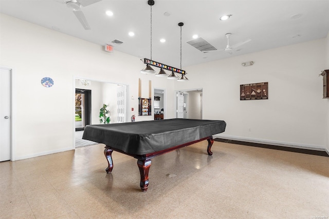 playroom with ceiling fan and billiards