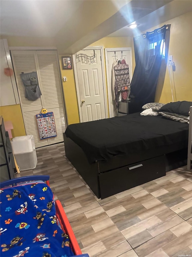 bedroom featuring two closets and hardwood / wood-style flooring