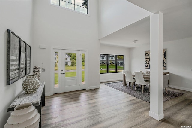 foyer featuring light hardwood / wood-style floors and a towering ceiling