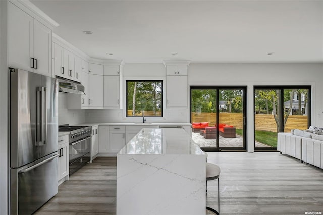 kitchen with white cabinets, light wood-type flooring, stainless steel appliances, and a wealth of natural light