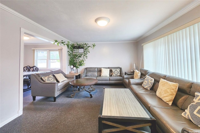 living room featuring dark carpet and crown molding