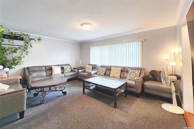 carpeted living room with ornamental molding