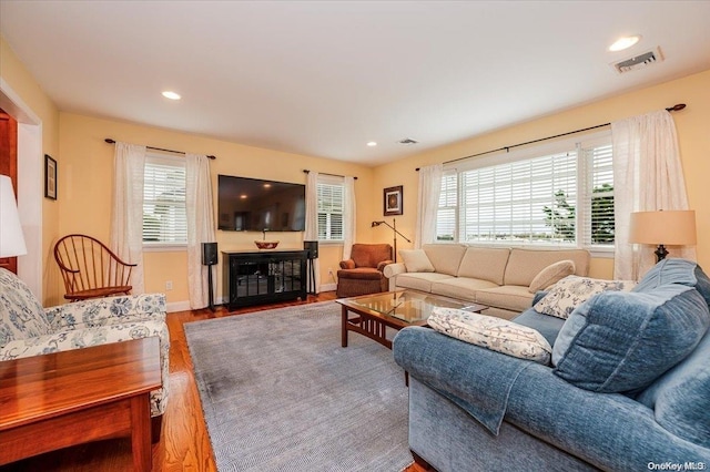 living room with hardwood / wood-style flooring and a healthy amount of sunlight