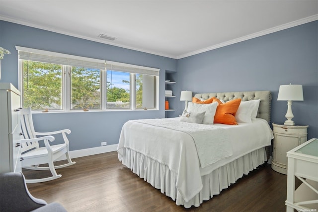 bedroom with multiple windows, crown molding, and dark wood-type flooring