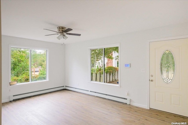 foyer featuring light hardwood / wood-style floors, baseboard heating, and ceiling fan