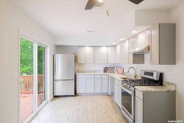 kitchen with gray cabinetry, ceiling fan, sink, light hardwood / wood-style floors, and appliances with stainless steel finishes