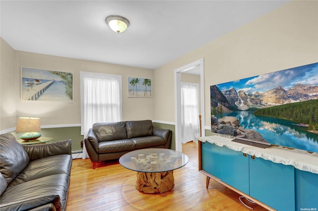 living room with hardwood / wood-style flooring, plenty of natural light, and a baseboard heating unit