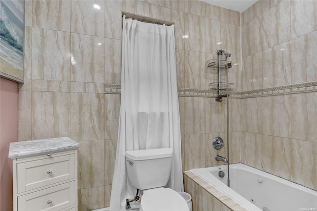 bathroom featuring shower / bath combination with curtain, tile walls, and toilet