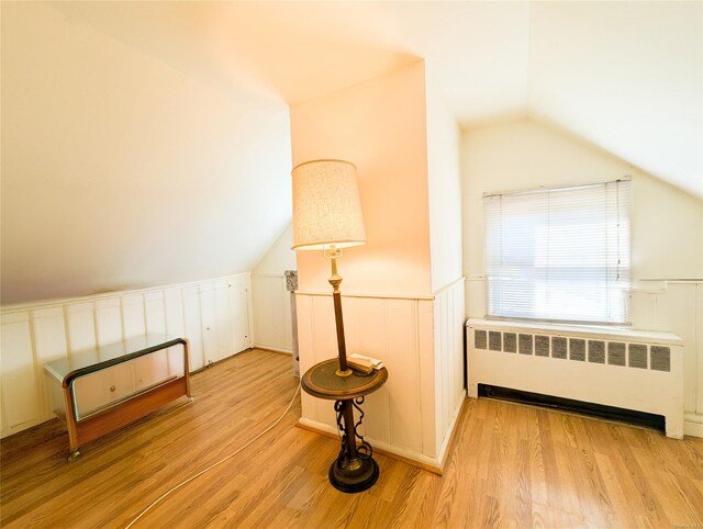 additional living space featuring light hardwood / wood-style floors, radiator, and lofted ceiling