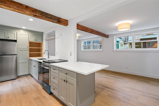 kitchen featuring sink, light wood-type flooring, kitchen peninsula, beamed ceiling, and stainless steel appliances