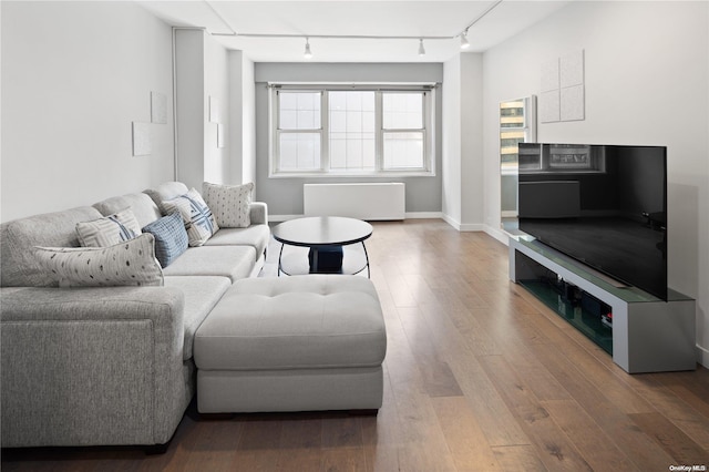 living room featuring hardwood / wood-style flooring and track lighting