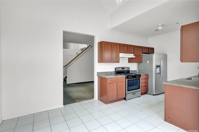 kitchen with sink, stainless steel appliances, and light carpet