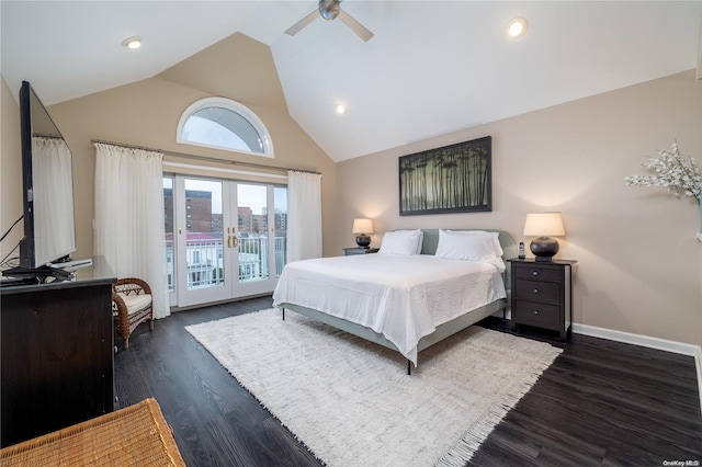 bedroom with ceiling fan, french doors, dark hardwood / wood-style flooring, high vaulted ceiling, and access to outside