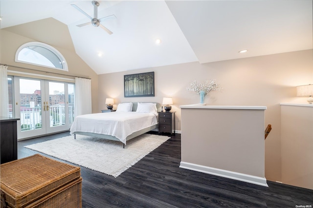 bedroom with ceiling fan, french doors, high vaulted ceiling, dark hardwood / wood-style floors, and access to outside