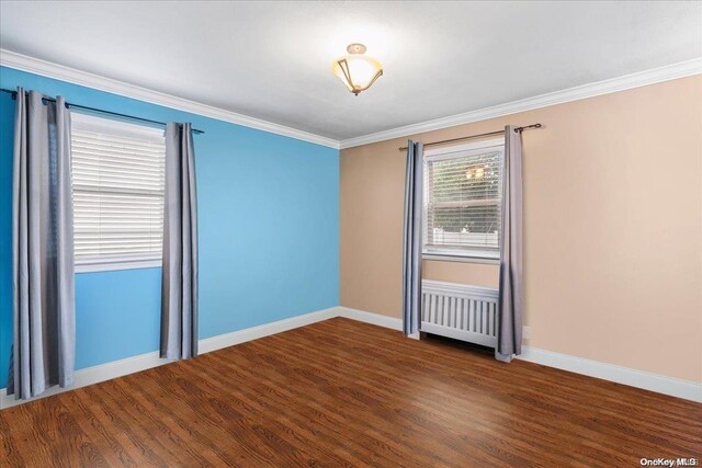 spare room featuring dark wood-type flooring and ornamental molding