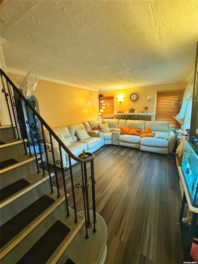 unfurnished living room with crown molding, wood-type flooring, and a textured ceiling