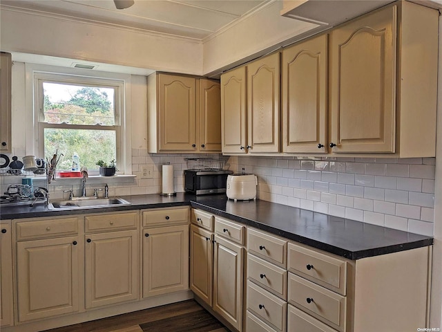 kitchen featuring dark countertops, dark wood finished floors, ornamental molding, decorative backsplash, and a sink