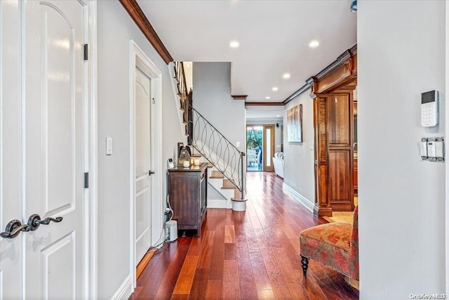 foyer entrance featuring dark hardwood / wood-style floors and ornamental molding