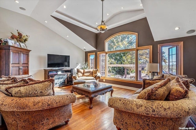 living room featuring light hardwood / wood-style floors, ornamental molding, and high vaulted ceiling