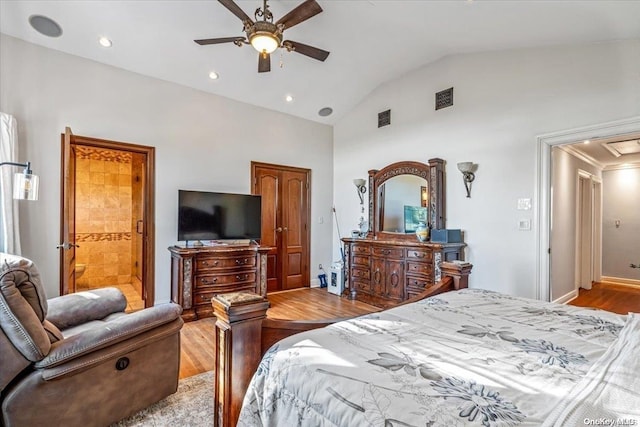 bedroom with ceiling fan, high vaulted ceiling, and light hardwood / wood-style floors