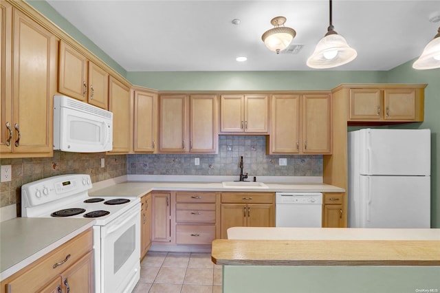 kitchen with decorative backsplash, white appliances, sink, pendant lighting, and light tile patterned floors