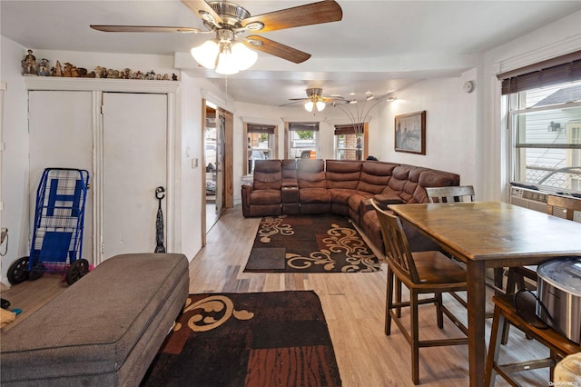 dining room featuring light hardwood / wood-style flooring and ceiling fan