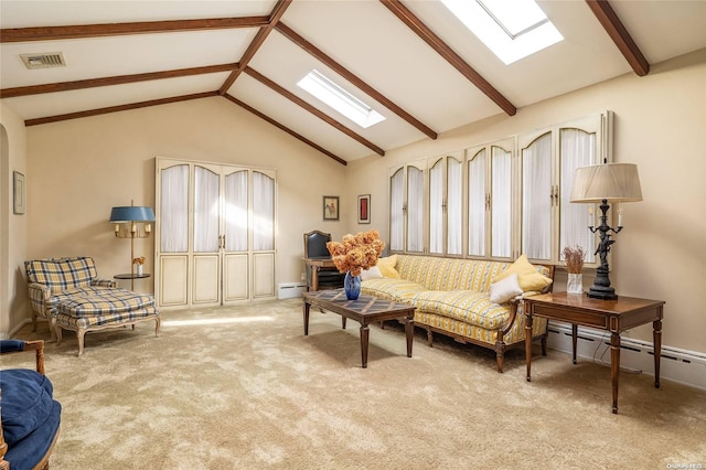 sitting room featuring lofted ceiling with beams, light colored carpet, and a baseboard radiator