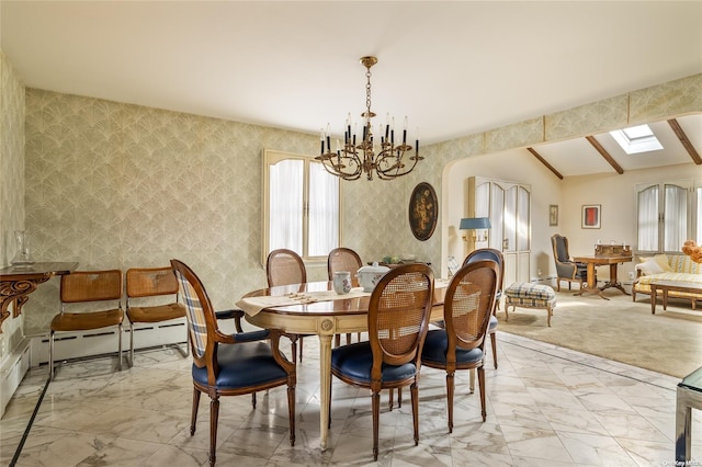 dining area featuring vaulted ceiling with skylight, light colored carpet, a baseboard heating unit, and an inviting chandelier