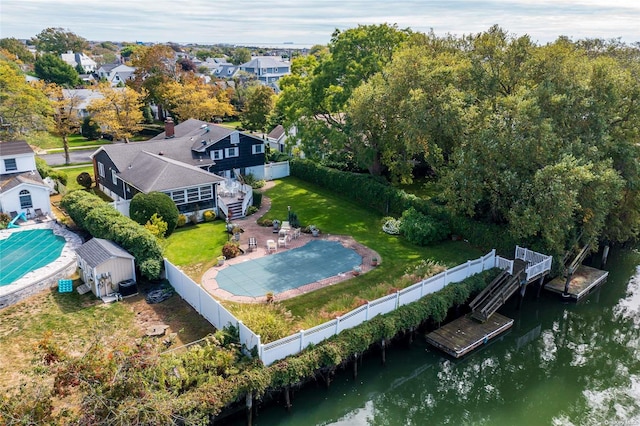 drone / aerial view featuring a water view