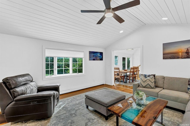 19 Oceanview Rd, Hampton Bays, NY 11946 - living room featuring a baseboard radiator, wood finished floors, ceiling fan, vaulted ceiling, and wooden ceiling