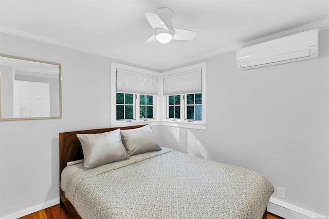 bedroom featuring ornamental molding, a wall unit AC, ceiling fan, a baseboard heating unit, and hardwood / wood-style flooring