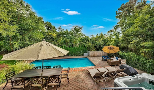 19 Oceanview Rd, Hampton Bays, NY 11946 - outdoor pool with a patio area, an outdoor hangout area, outdoor dining area, and view of wooded area