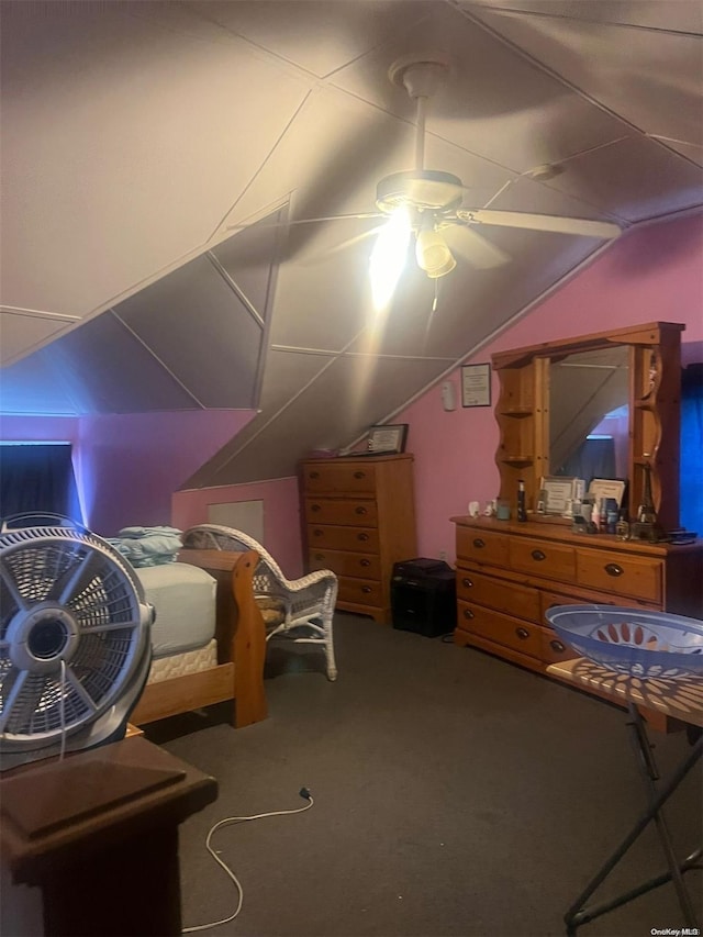 bedroom with ceiling fan and carpet floors