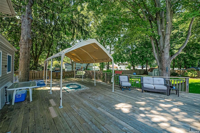 deck with a storage shed