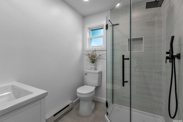 bathroom featuring tile patterned flooring, a baseboard radiator, a shower with shower door, and toilet