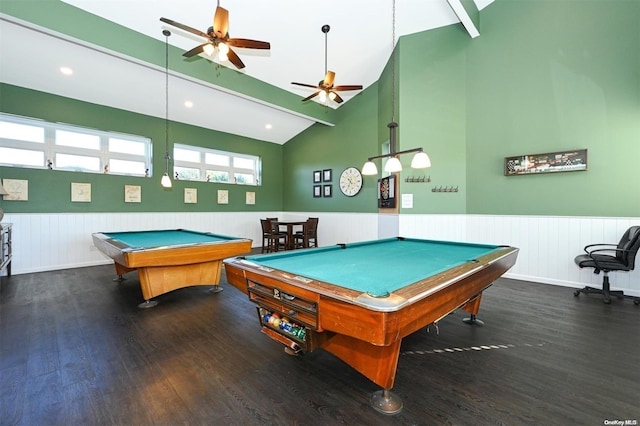 game room featuring pool table, dark hardwood / wood-style floors, ceiling fan, and high vaulted ceiling