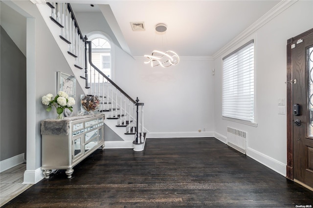 foyer featuring a wealth of natural light, crown molding, dark wood-type flooring, and radiator