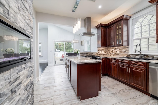 kitchen featuring stainless steel dishwasher, plenty of natural light, island range hood, and sink