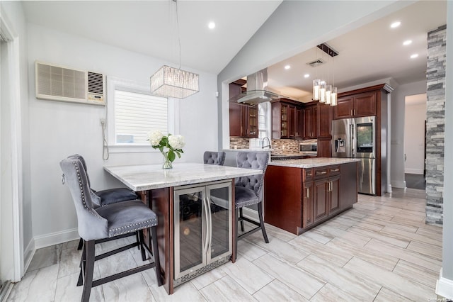 26-44 211th St, Bayside, NY 11360 - kitchen with beverage cooler, stainless steel fridge, a chandelier, island exhaust hood, and a wall unit AC