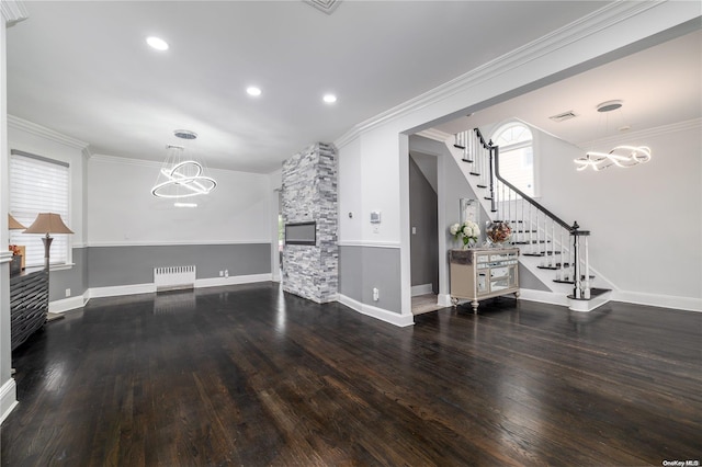 26-44 211th St, Bayside, NY 11360 - living area featuring a chandelier, radiator heating unit, stairs, wood finished floors, and ornamental molding
