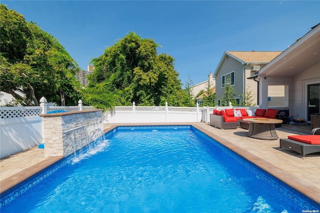 26-44 211th St, Bayside, NY 11360 - view of swimming pool featuring an outdoor living space with a fire pit, a patio, and a fenced backyard