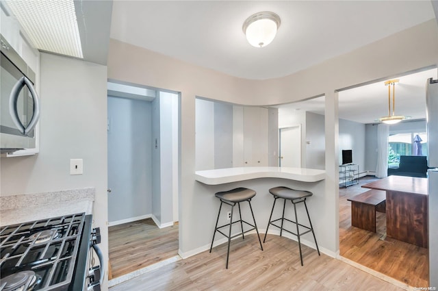 kitchen featuring appliances with stainless steel finishes, light hardwood / wood-style floors, and hanging light fixtures