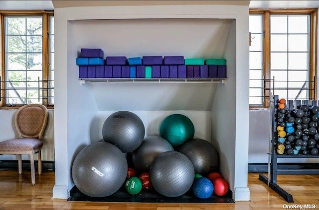 workout area with light hardwood / wood-style flooring