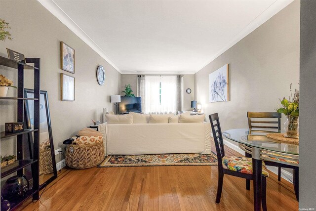 living room featuring wood-type flooring and ornamental molding