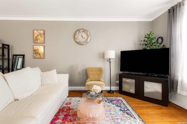 living room featuring light hardwood / wood-style flooring and ornamental molding