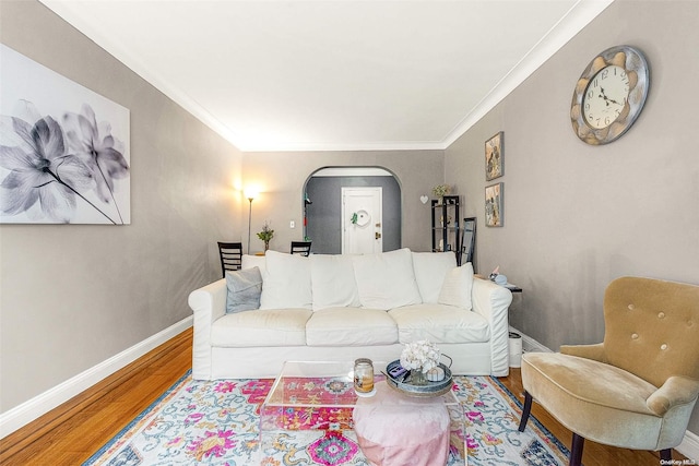 living room with hardwood / wood-style floors and ornamental molding