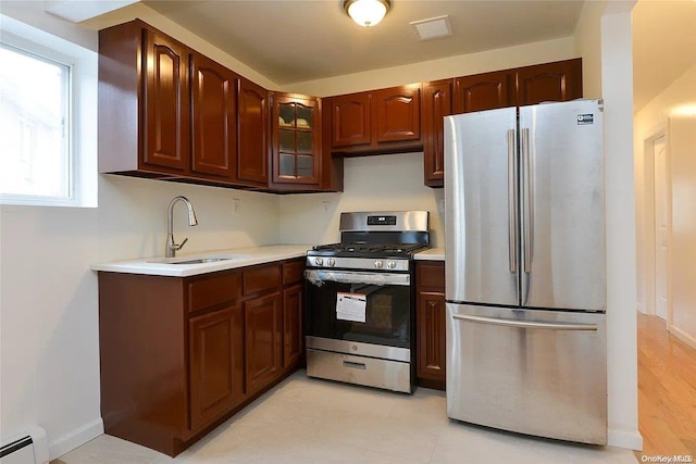 kitchen with sink, light wood-type flooring, baseboard heating, and appliances with stainless steel finishes